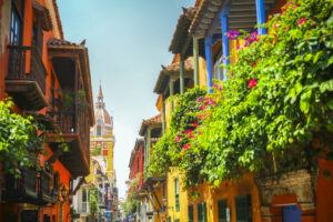 Cartagena, Columbia - April 4, 2017: Lush balcony planters along the street looking towards town square in the old town of Cartagena Columbia