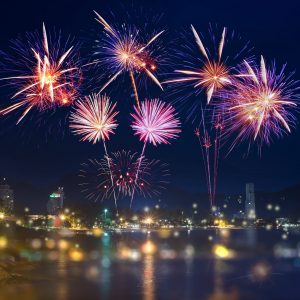 Colorful,Fireworks,Display,Over,City,On,The,Beach.,Firework,Celebration